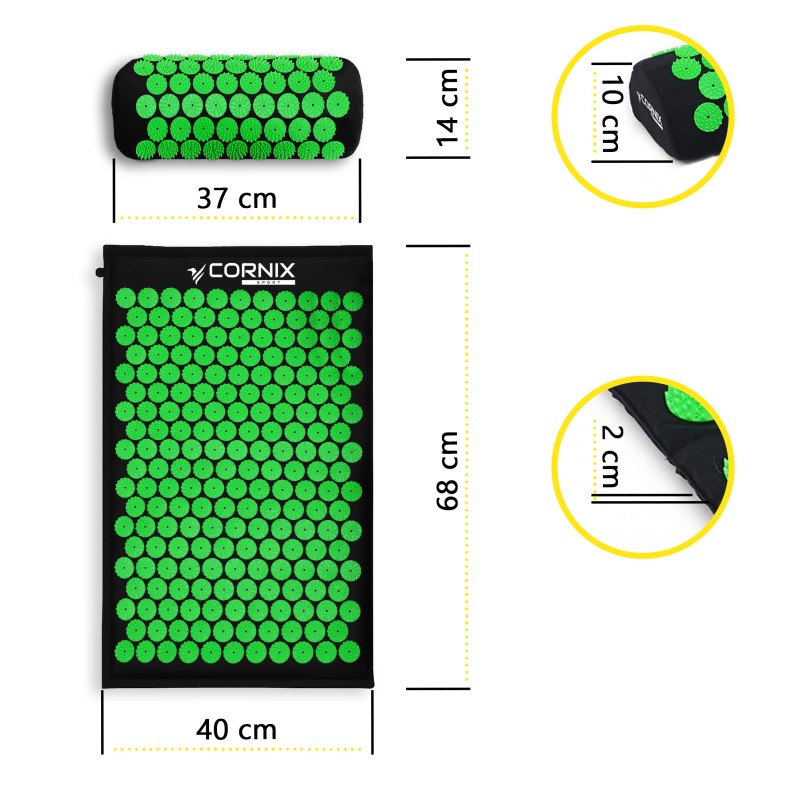 Килимок акупунктурний з валиком Cornix Classic Mat Аплікатор Кузнєцова XR-0110 Black/Green
