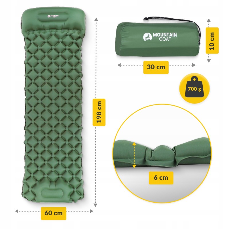 Килимок (каримат) надувний Mountain Goat 190 x 58 x 5 см з вбудованим насососм Navy Green (P-5905973400909)