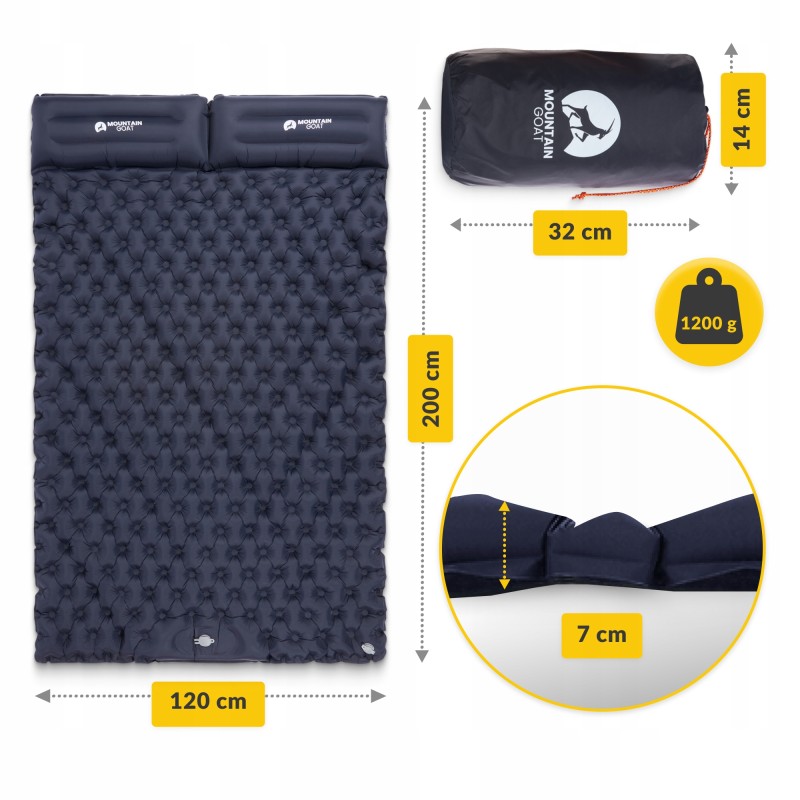 Килимок (каримат) надувний Mountain Goat 200 x 120 x 7 см двомісний з вбудованим насососм Navy Blue (P-5905973400923)