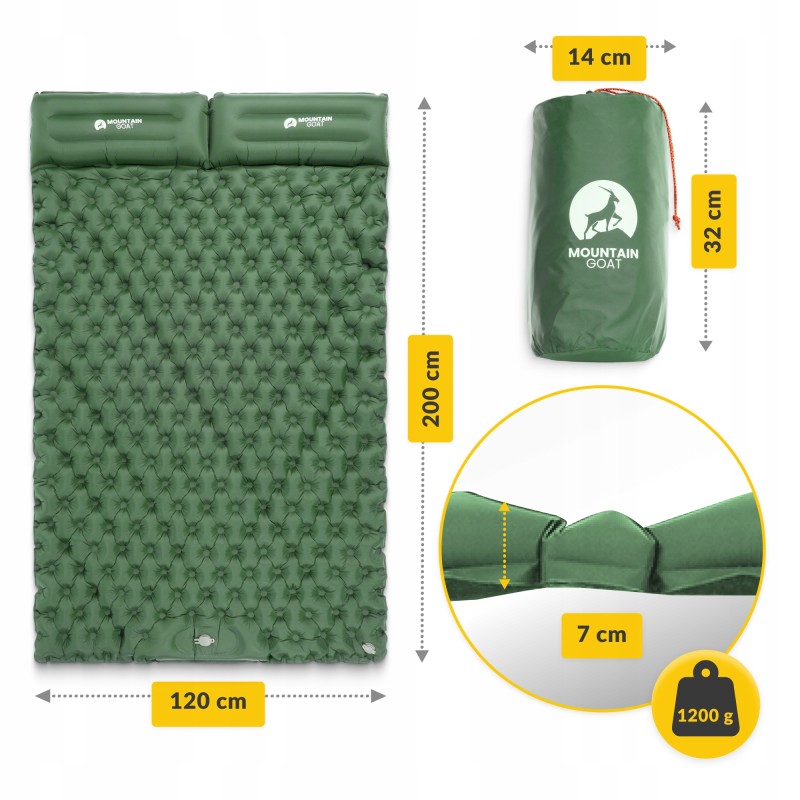 Килимок (каримат) надувний Mountain Goat 200 x 120 x 7 см двомісний з вбудованим насососм Navy Green (P-5905973403573)