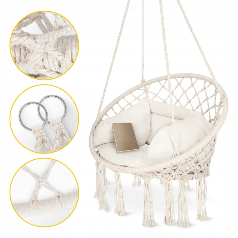 Крісло-гойдалка 4FIZJO Boho Dream 80 см з подушкою, підвісна, плетена Beige (P-5905973404549)