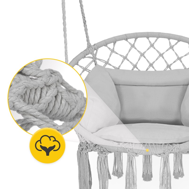 Крісло-гойдалка 4FIZJO Boho Dream 80 см з подушкою, підвісна, плетена Grey (P-5905973404532)