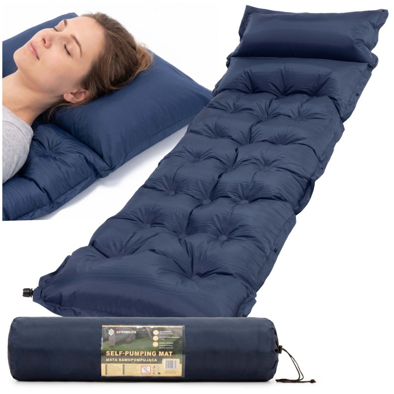 Килимок самонадувний Springos 193 x 66 x 3.5 см з подушкою PM054 Navy Blue