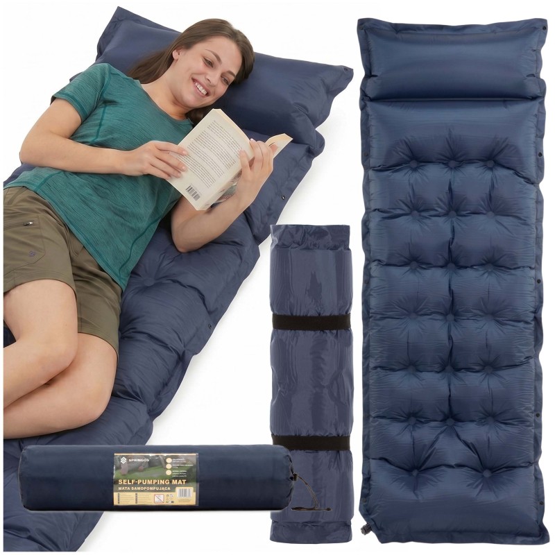 Килимок самонадувний Springos 193 x 66 x 3.5 см з подушкою PM054 Navy Blue
