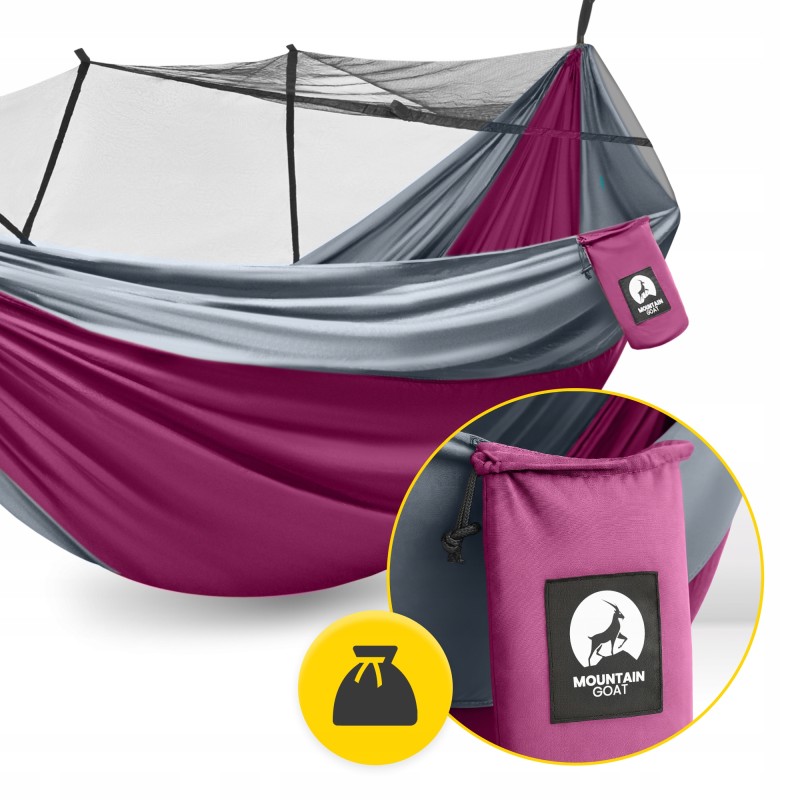 Гамак туристичний Mountain Goat 270 x 140 см з москітною сіткою, одномісний, підвісний Pink/Grey (P-5905973408035)