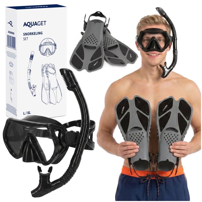 Набір для снорклінгу Aquaget маска із трубкою та ласти AQ0008 Black/Grey